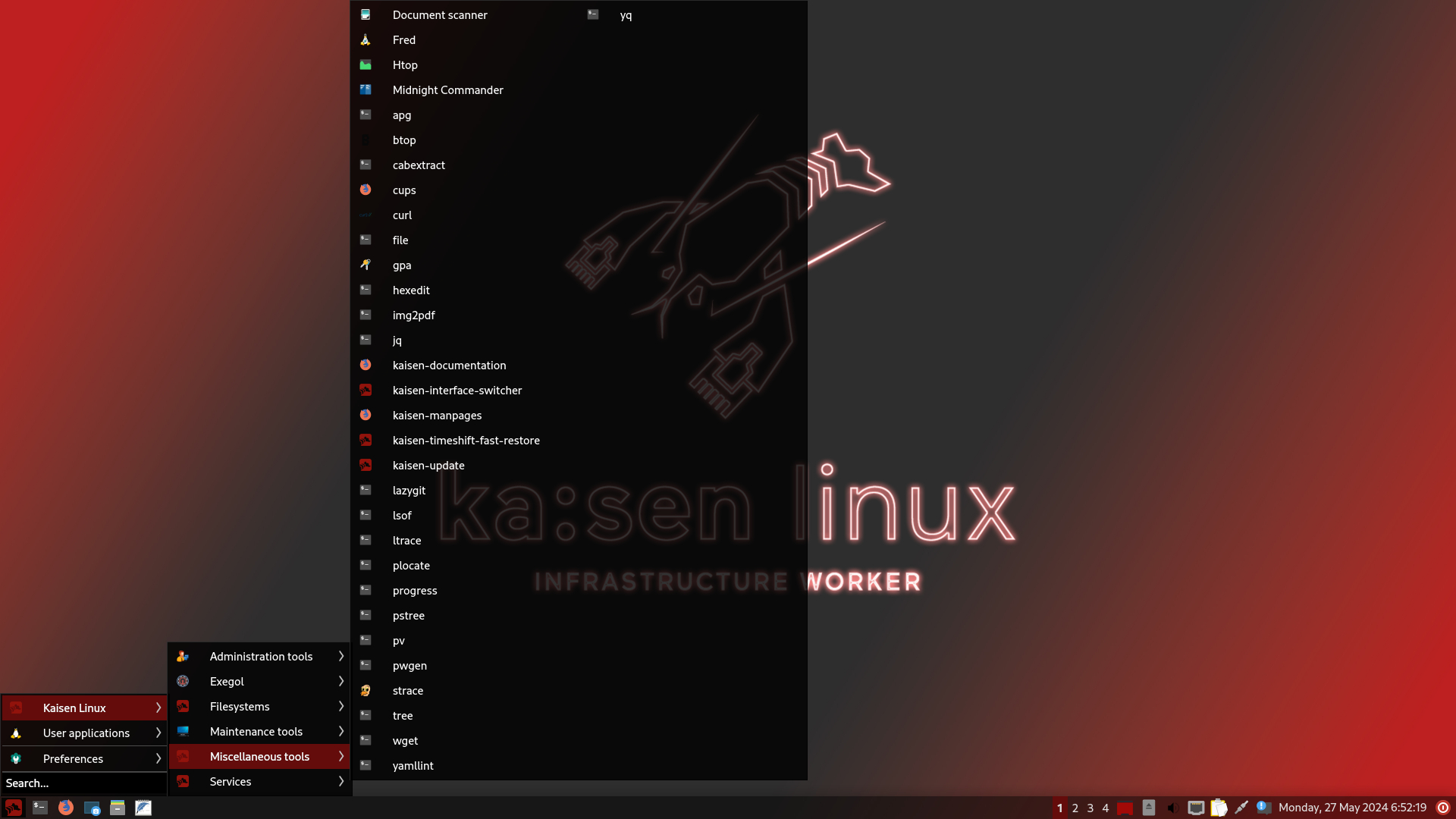 kaisen linux LXQT with miscellaneous tools menu