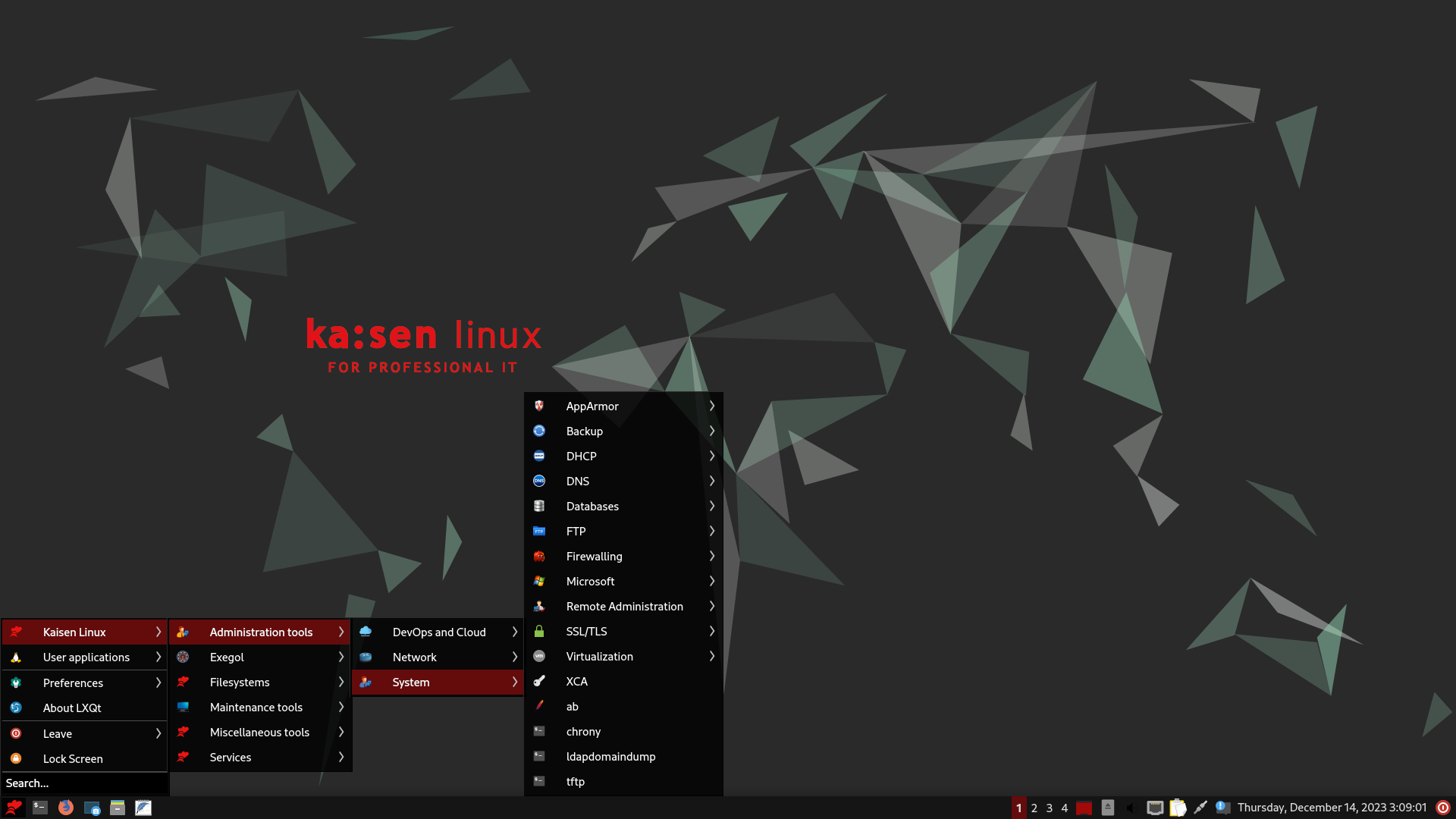 kaisen linux LXQT with sysadmin tools menu