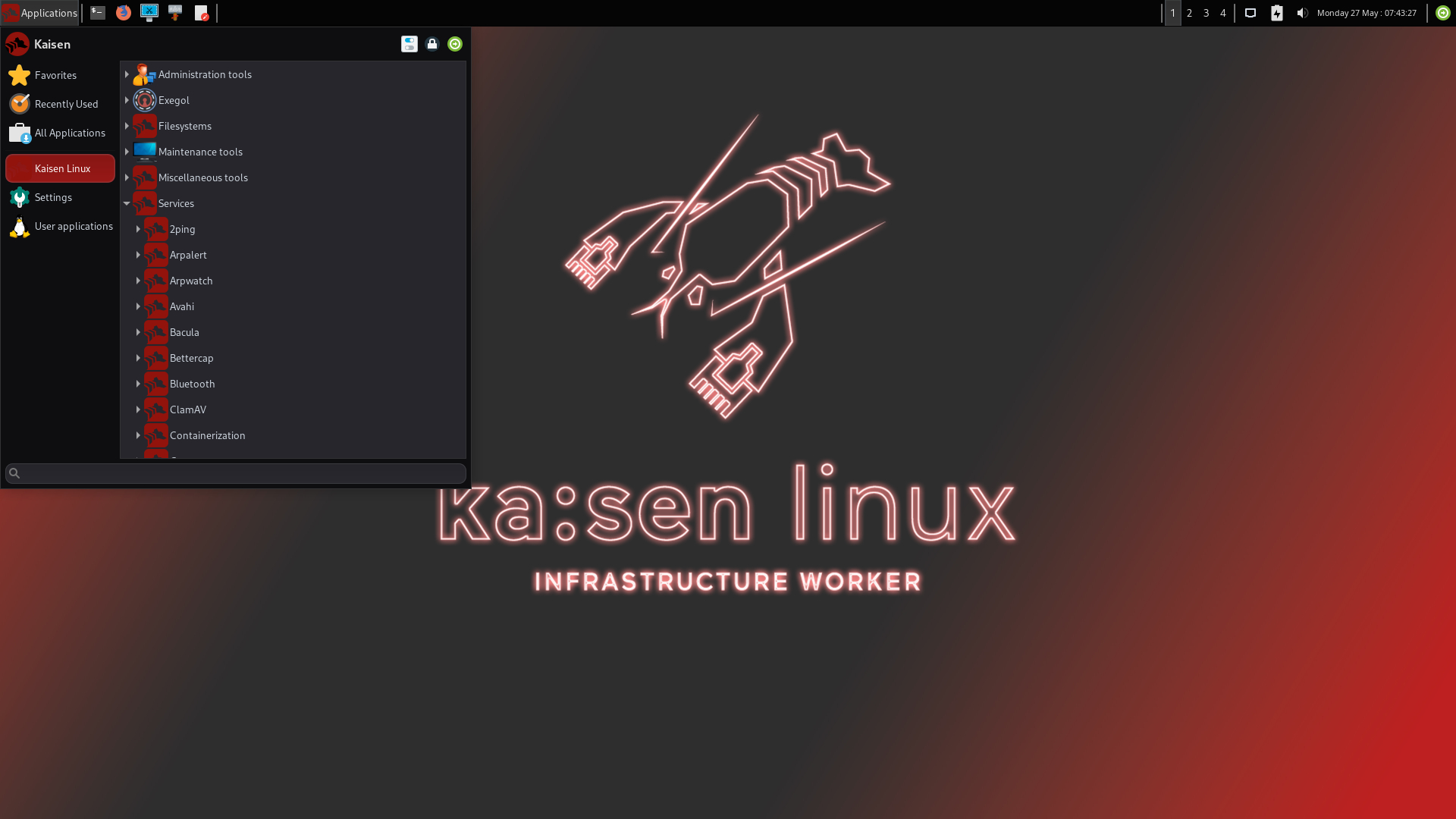 kaisen linux xfce with services menu